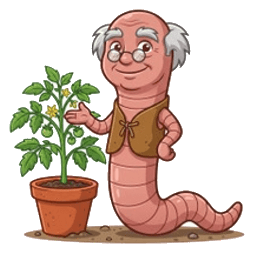 Earthworm Soil Factory's elder worm mascot tending a tomato plant